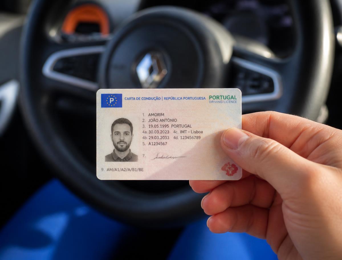 Carta de condução portuguesa a ser segurada no interior de um veículo